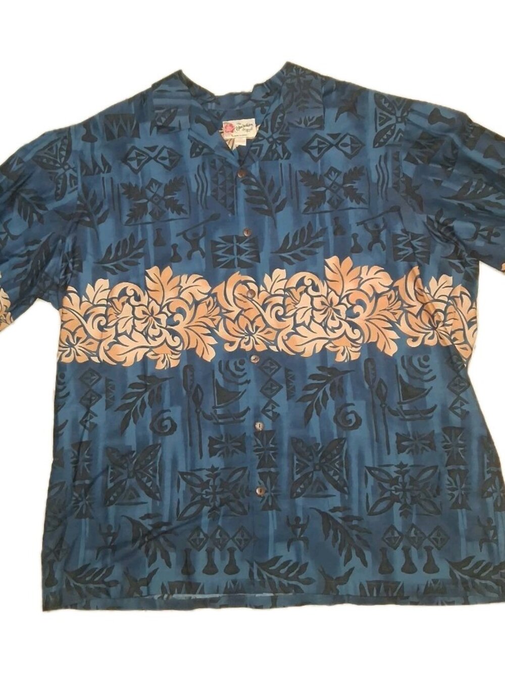 Vintage Hilo Hattie Hawaiian Aloha Shirt Blue Tiki Tribal XL XXL